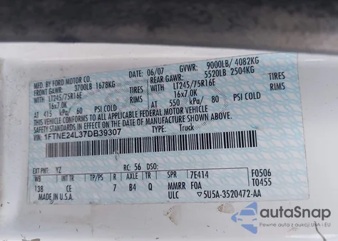 2007 Ford E-250 Commercial/Recreational из США, поврежденный, VIN 1FTNE24L37DB39307